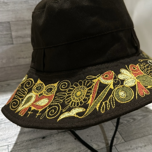 Brown embroidered floral owl garden bucket boho hat - Picture 3 of 5